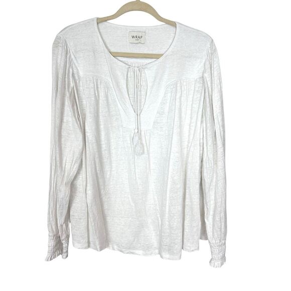 Wrap London Linen Blouse Womens 14 white tassel tie Long Sleeve Peasant large - Picture 1 of 13